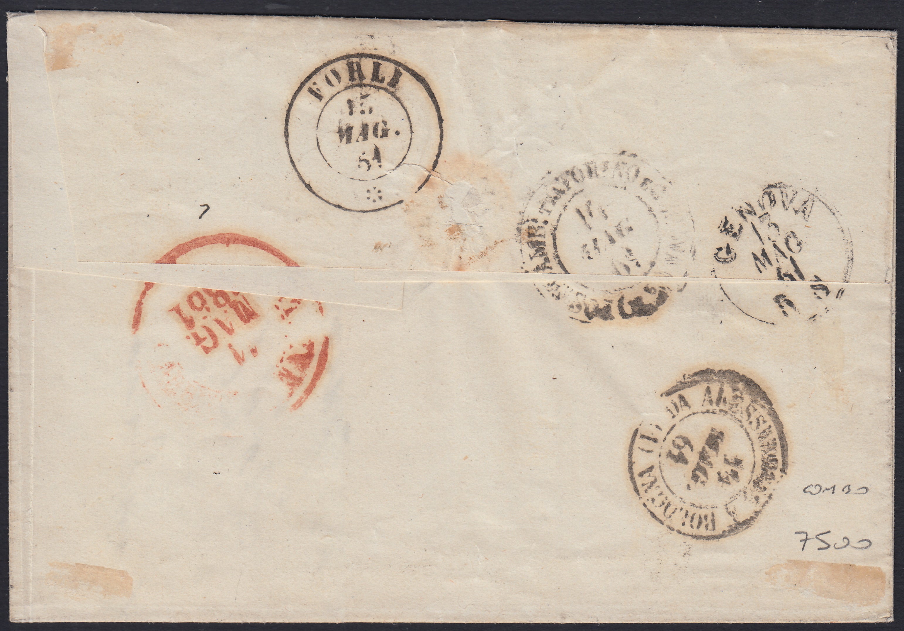 BO2512_7 - 1861 - lettera da BARI per Forlì affrancata con 1 grano grigio nero +.2 grana celeste coppia orizzontale (19a + 20a)