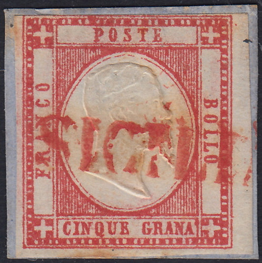 BO2513-10 - 1861 - Effigie di Vittorio Emanuele II volta a destra, Province Napoletane, 5 grana rosso carminio usato su frammento con lineare rosso DA SICILIA (21, p.ti 12)
