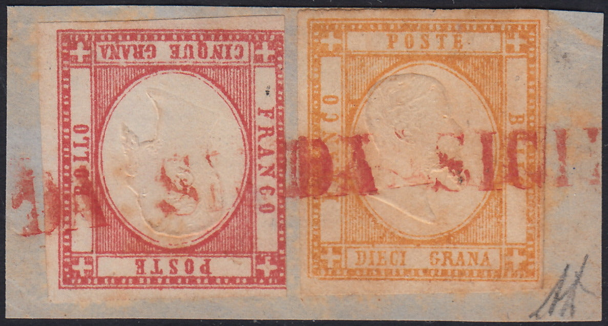 BO2513-11 - 1861 - Effigie di Vittorio Emanuele II volta a destra, Province Napoletane, 5 grana rosso carminio + 10 grana arancio usati su frammento con lineare rosso DA SICILIA (21 + 22, p.ti 12)