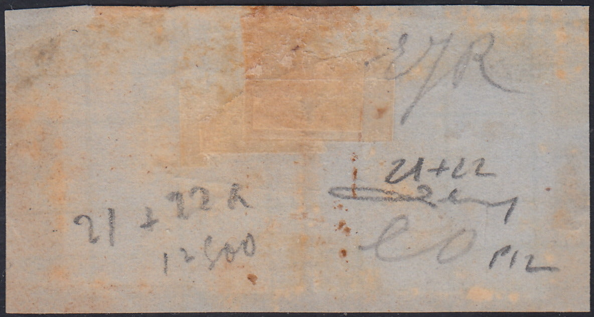 BO2513-11 - 1861 - Effigie di Vittorio Emanuele II volta a destra, Province Napoletane, 5 grana rosso carminio + 10 grana arancio usati su frammento con lineare rosso DA SICILIA (21 + 22, p.ti 12)