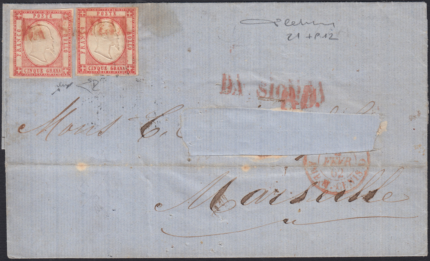 BO2513-3 - 1861 - Effigie di Vittorio Emanuele II volta a destra, Province Napoletane, 5 grana rosso carminio 2 esemplari su lettera da Napoli per Marsiglia 1/2/62 (21 , p.ti 12)