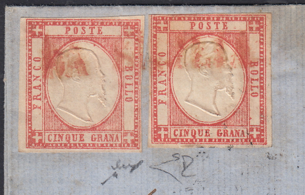 BO2513-3 - 1861 - Effigie di Vittorio Emanuele II volta a destra, Province Napoletane, 5 grana rosso carminio 2 esemplari su lettera da Napoli per Marsiglia 1/2/62 (21 , p.ti 12)