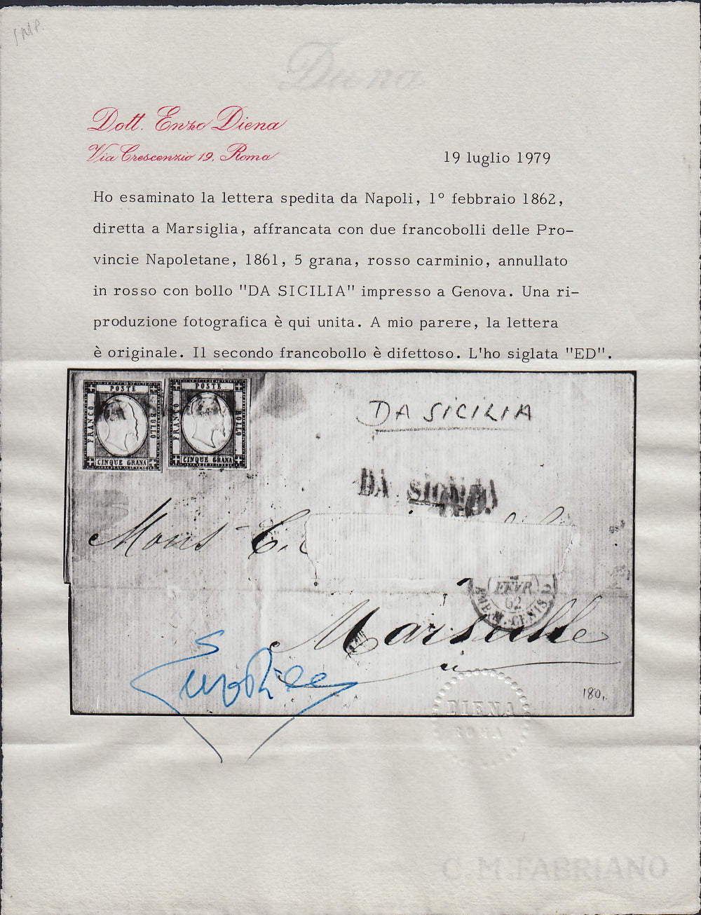 1861 - 1 black grain, copy with triple effigy, new with original rubber (19 AD). Cardillo certificate.