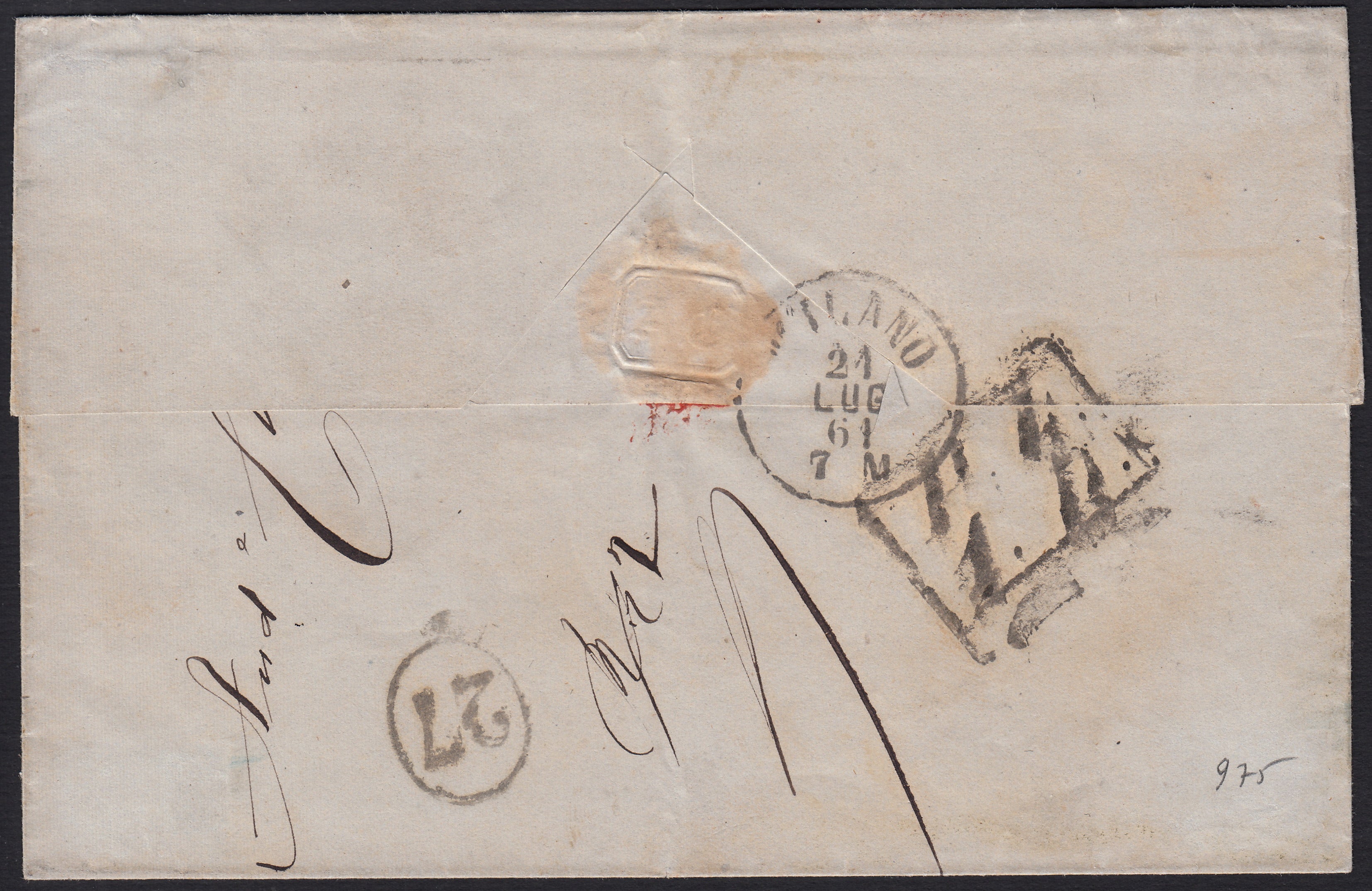 BO2515_10 - 1861-  Lettera spedita da Napoli per Milano affrancata con 5 grana rosa (21e)