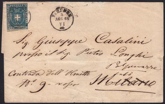 BO2515_14 - 1861 - Lettera spedita da Firenze per Milano 3/8/61 affrancata con c.20 azzurro (20)