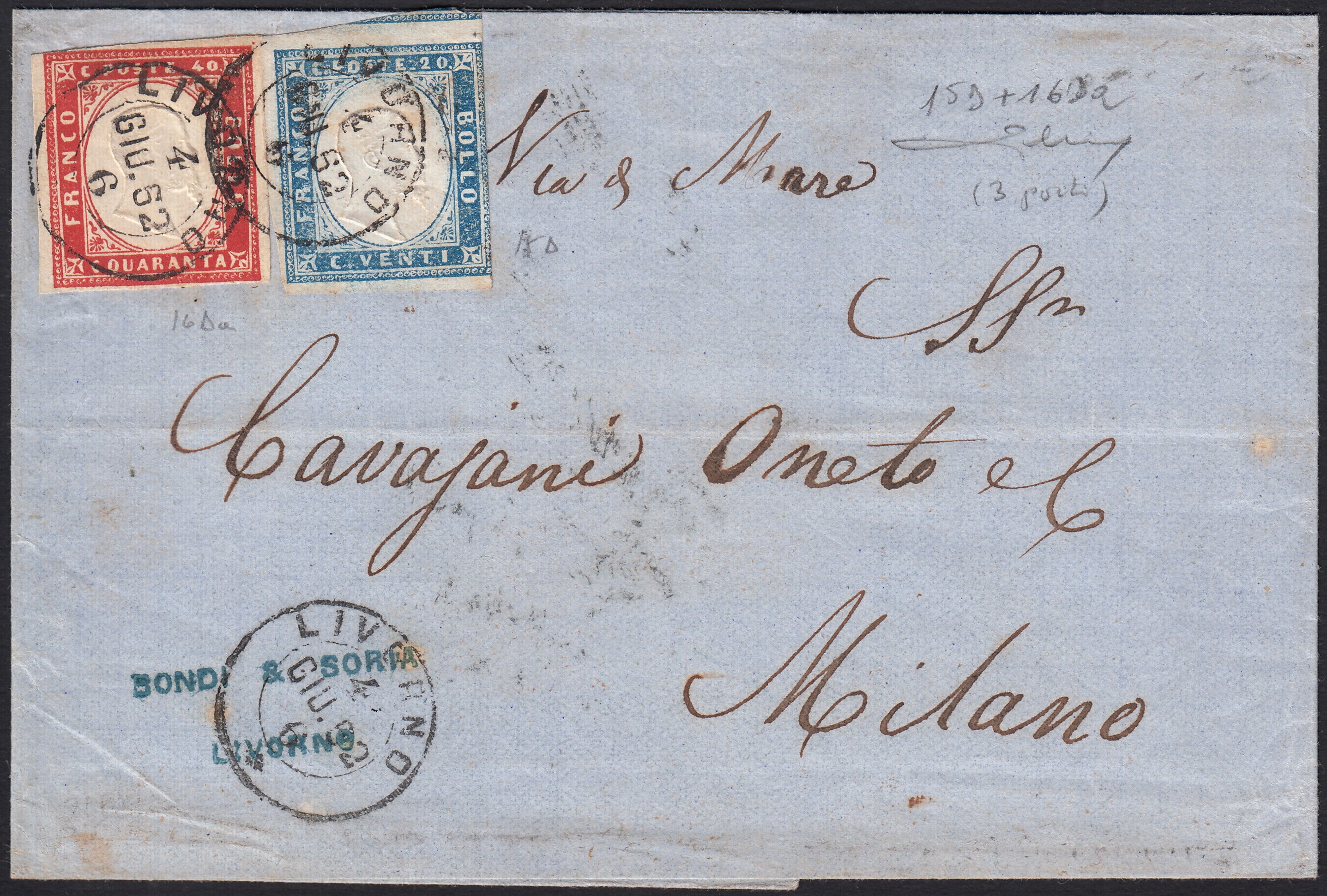 BO2515_1 - 1862 - Lettera spedita da Livorno per Milano 4/6/62 affrancata con c. 20 celeste chiaro II tavola + c. 40 rosso vermiglio (15D+16Da)