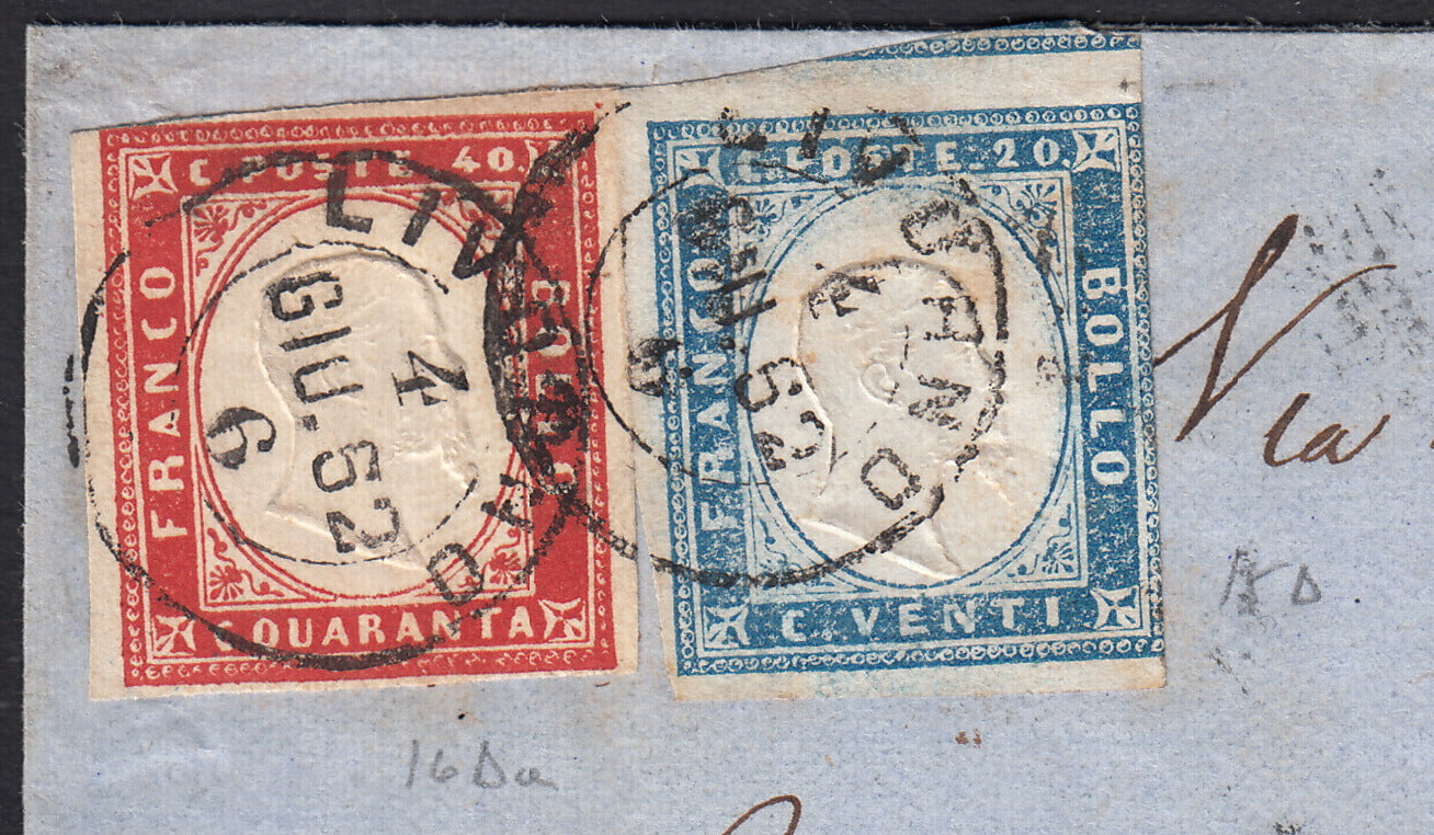 BO2515_1 - 1862 - Lettera spedita da Livorno per Milano 4/6/62 affrancata con c. 20 celeste chiaro II tavola + c. 40 rosso vermiglio (15D+16Da)
