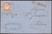 BO2515_3 - 1861 -  Lettera spedita da Napoli per Genova e inoltrata a Milano, annullo DA SICILIA su 5 grana lilla scuro (21d, punti 12)