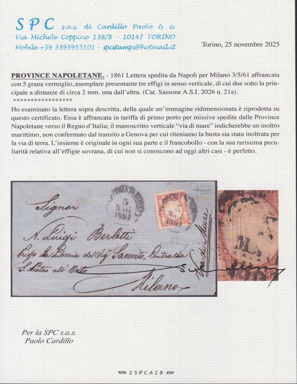 BO2515_13 - 1861 - lettera spedita da Partenza da Napoli per Milano 3/5/61 affrancata con 5 grana vermiglio (21a)
