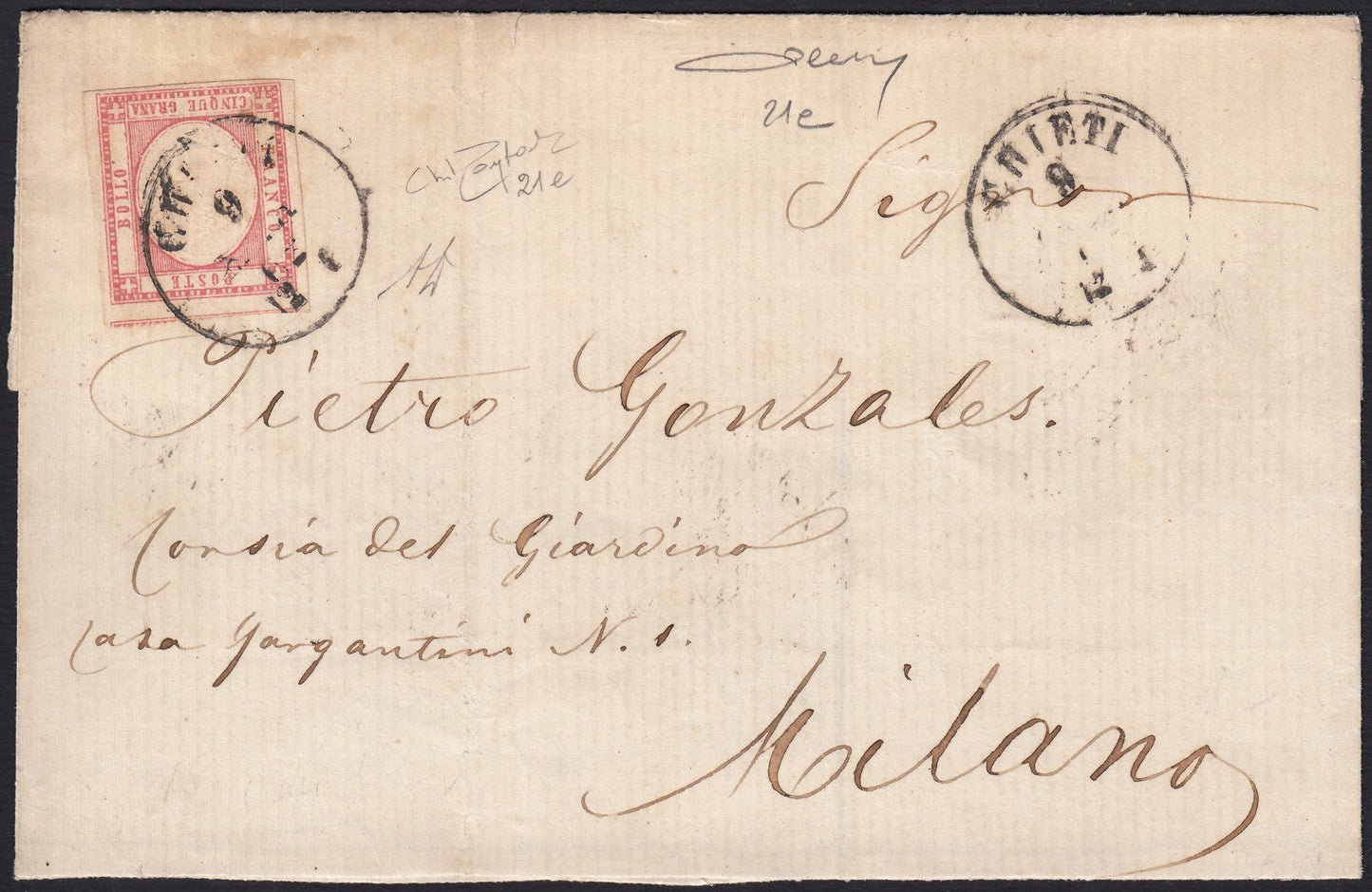 BO2515_4 - 1862-  Lettera spedita da Chieti per Milano affrancata con 5 grana rosa (21e)