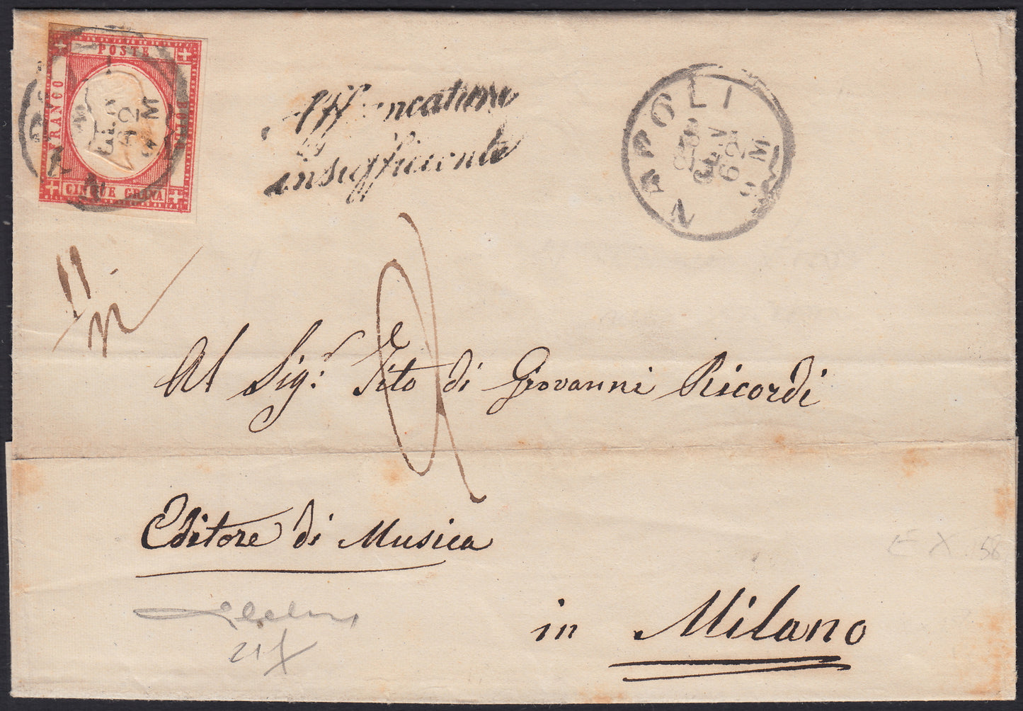 BO2515_7 - 1862 -  Lettera spedita da Napoli per Milano affrancata con 5 grana carminio (21f)