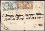 BO2515_9 - 1861 - lettera spedita da Mola di Bari per Milano 4/1/1862 affrancata con 1/2 grano bruno coppia + 2 grana celeste due esemplari (18d + 20a)