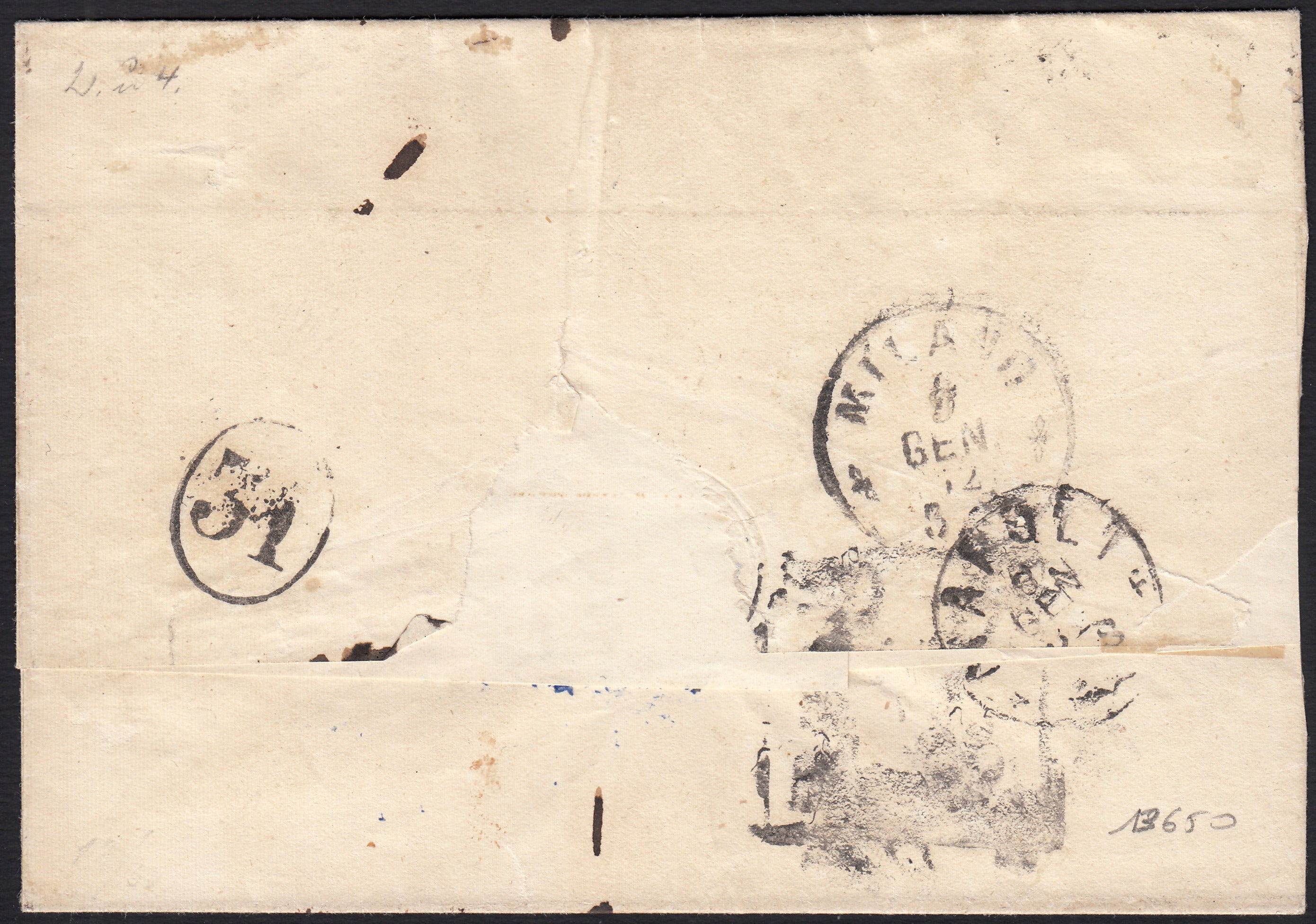 BO2515_9 - 1861 - lettera spedita da Mola di Bari per Milano 4/1/1862 affrancata con 1/2 grano bruno coppia + 2 grana celeste due esemplari (18d + 20a)