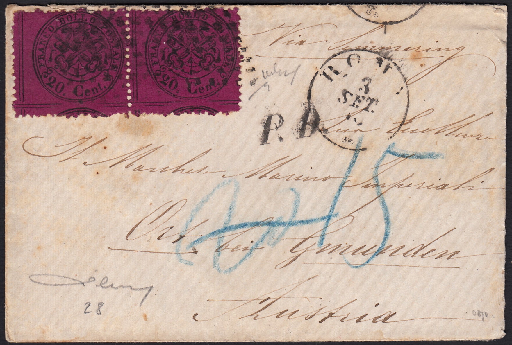BO254-2 1868 - III emissione, c. 20 solferino coppia orizzontale su lettera da Roma per Gumunden (Austria) 3/9/70 (28)