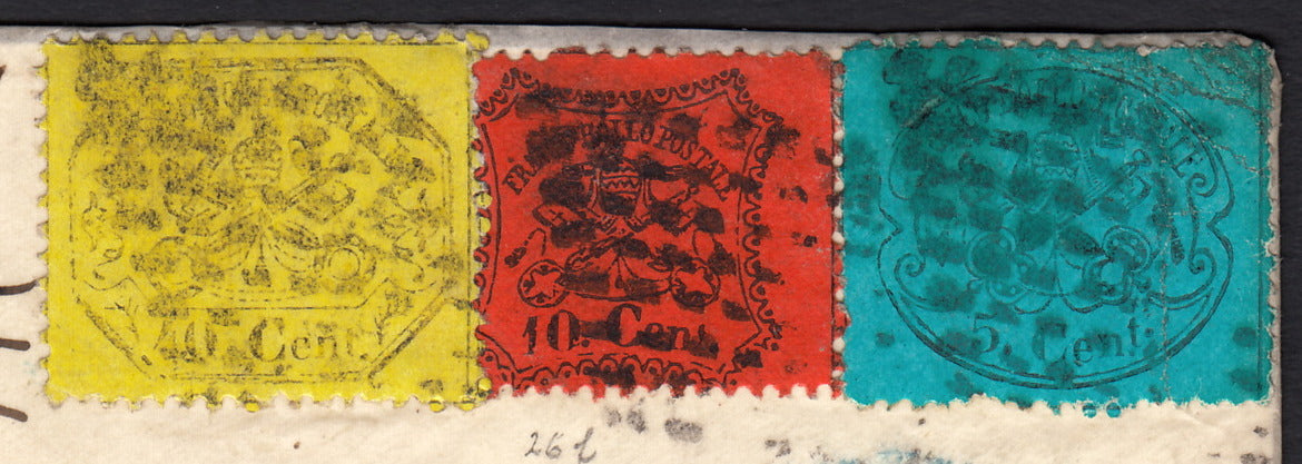 BO254-3 - 1869 - III emissione Pontificia c.5 azzurro scuro + c. 10 vermiglio arancio + c. 40 giallo limone su lettera tricolore da Roma per la Gran Bretagna (25d+26+29)