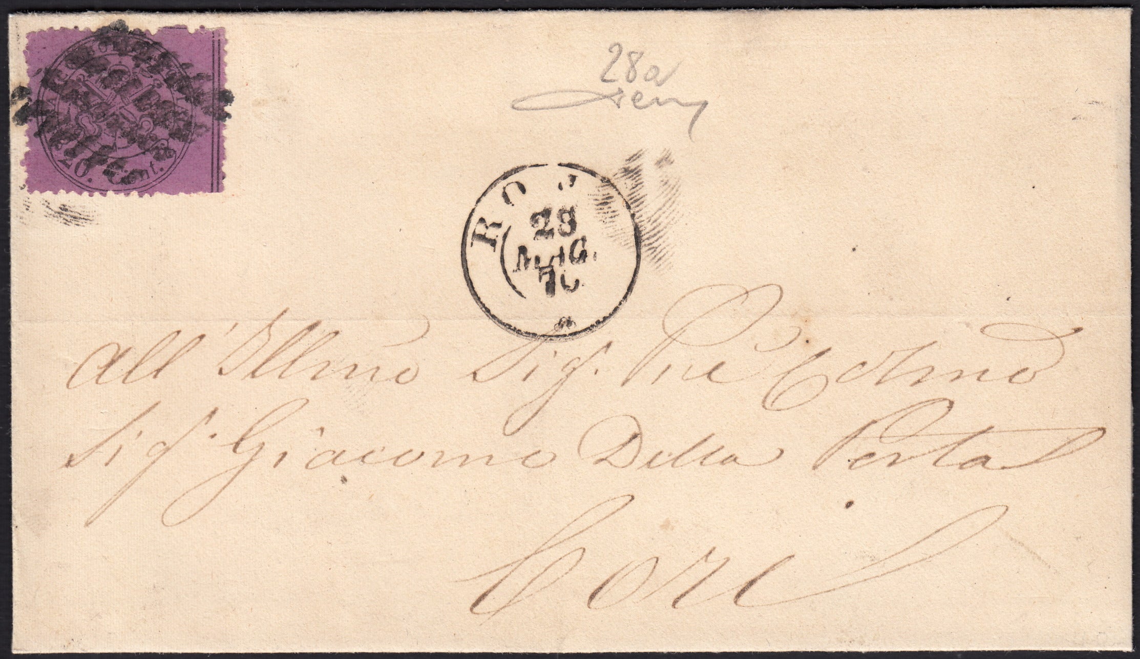 BO254_8 - 1870 - Stato Pontificio III emissione c. 20 violetto formato piccolo usato su lettera da ROMA per Lari 28/5/70 (28a, varietà)