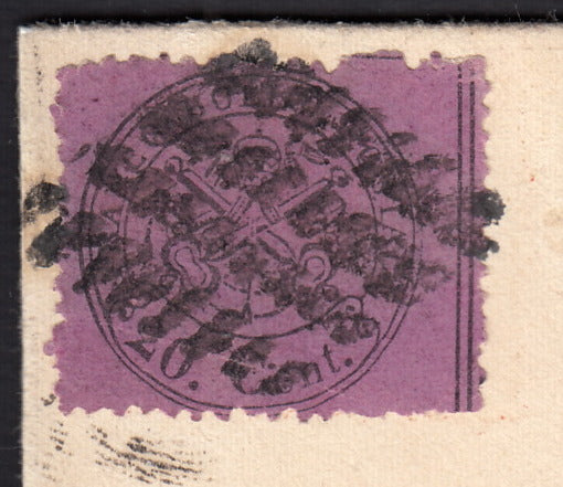 BO254_8 - 1870 - Stato Pontificio III emissione c. 20 violetto formato piccolo usato su lettera da ROMA per Lari 28/5/70 (28a, varietà)