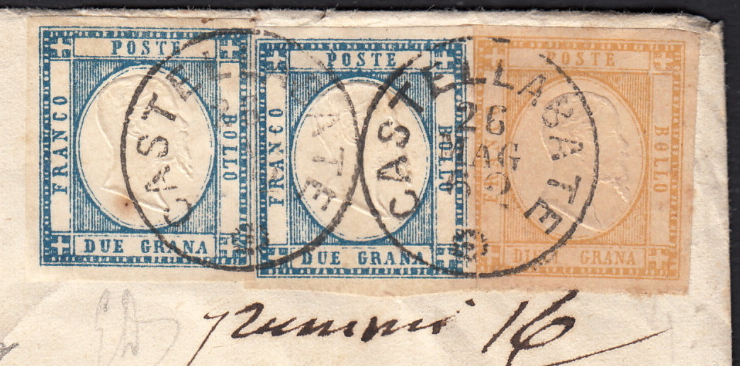 BO255_10 - 1861 - Lettera assicurata spedita da Castellabate per Salerno 26/5/62 affrancata con 2 grana azzurro chiaro + 10 grana bistro (20 + 22c)