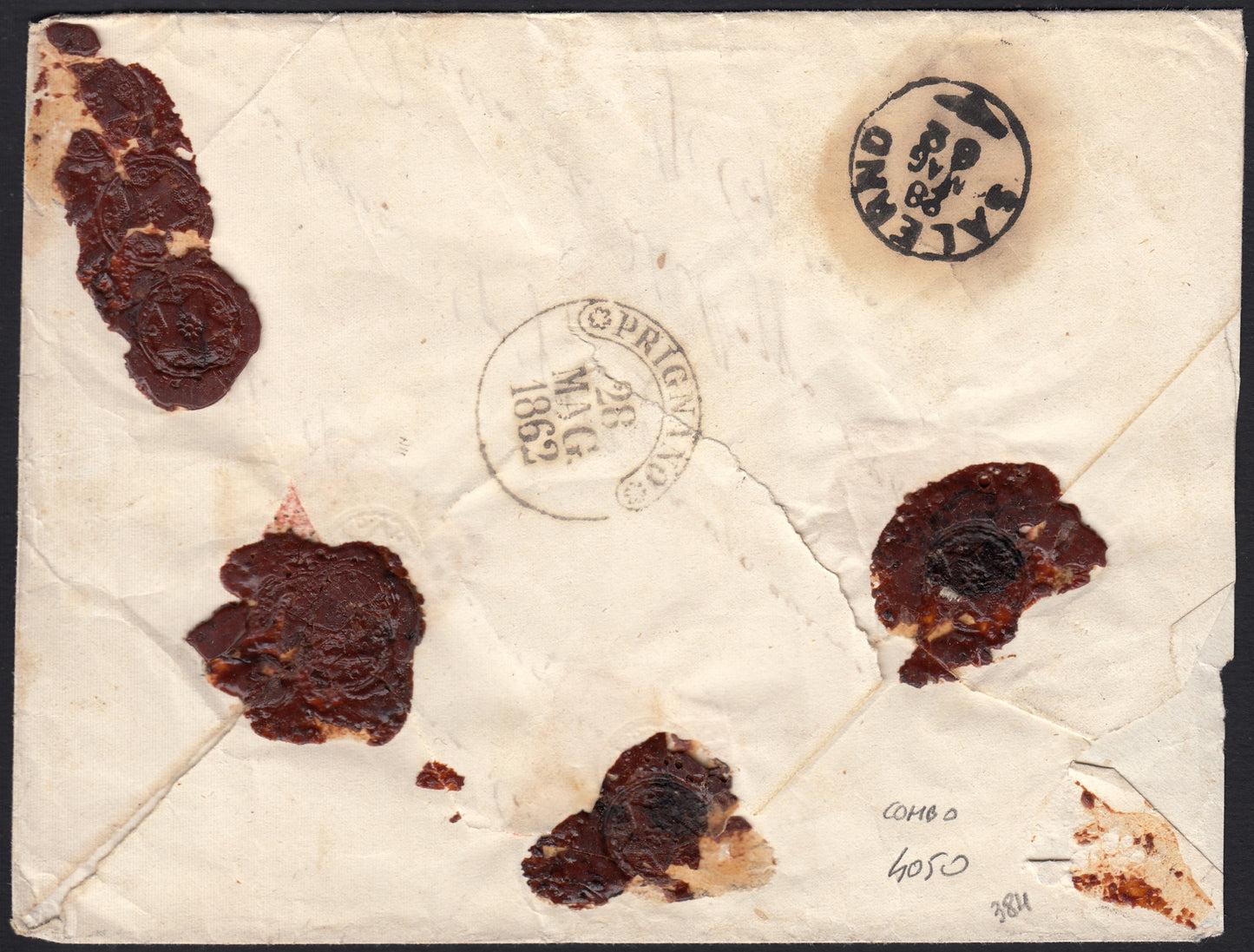 BO255_10 - 1861 - Lettera assicurata spedita da Castellabate per Salerno 26/5/62 affrancata con 2 grana azzurro chiaro + 10 grana bistro (20 + 22c)