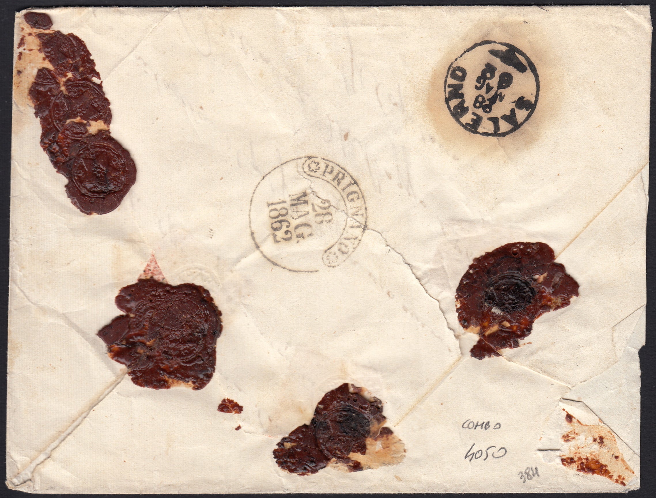 BO255_10 - 1861 - Lettera assicurata spedita da Castellabate per Salerno 26/5/62 affrancata con 2 grana azzurro chiaro + 10 grana bistro (20 + 22c)