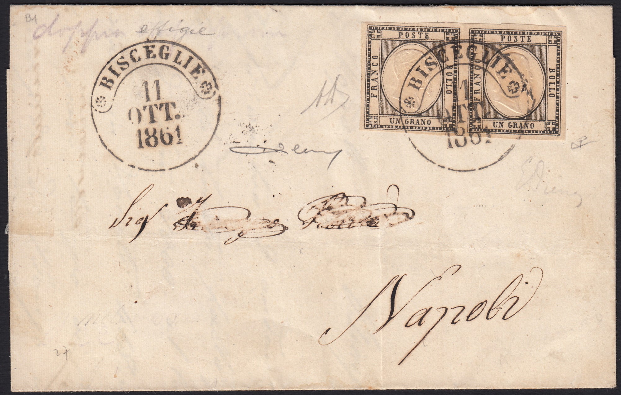 1861 - 1 black grain, copy with triple effigy, new with original rubber (19 AD). Cardillo certificate.