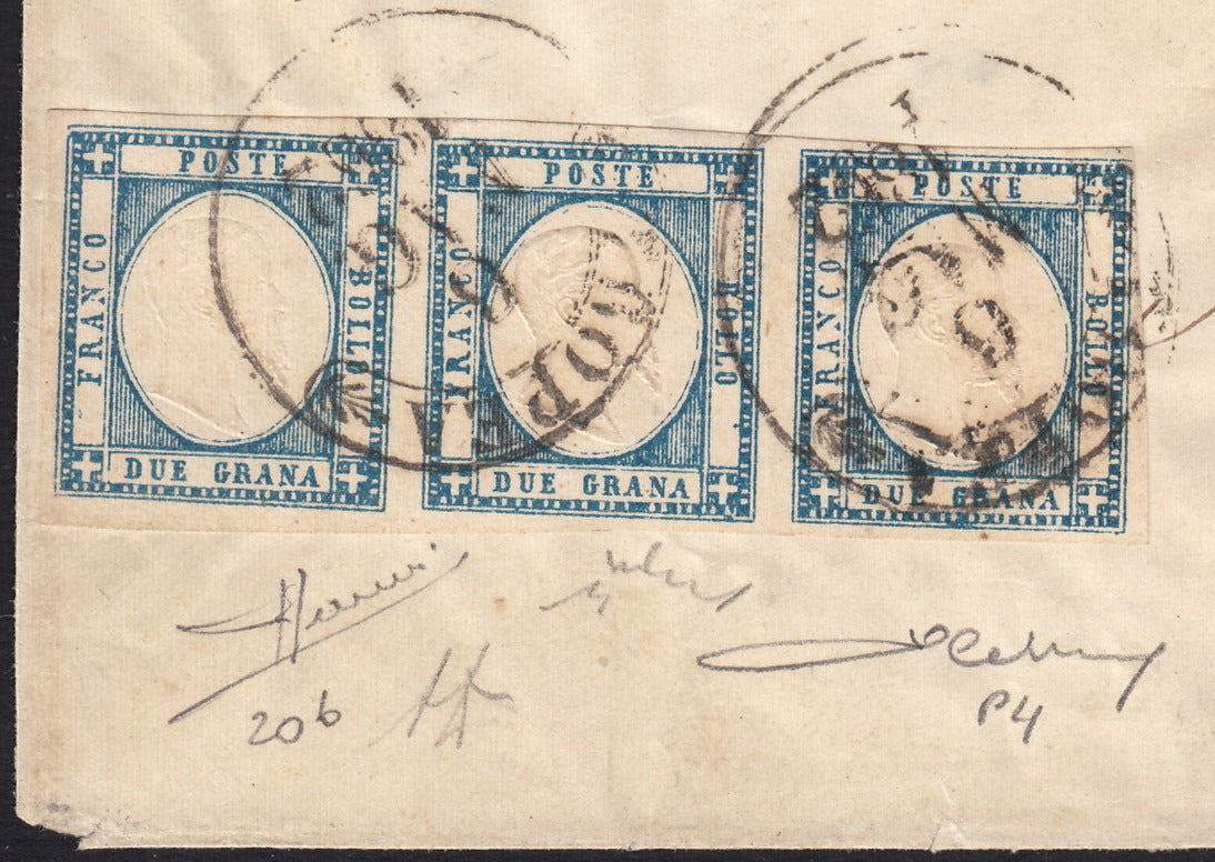 BO255_12 - 1862 - Lettera spedita da Tropea per Aversa 6/5/62 affrancata con gr. 2 azzurro striscia orizzontale di tre (20b)