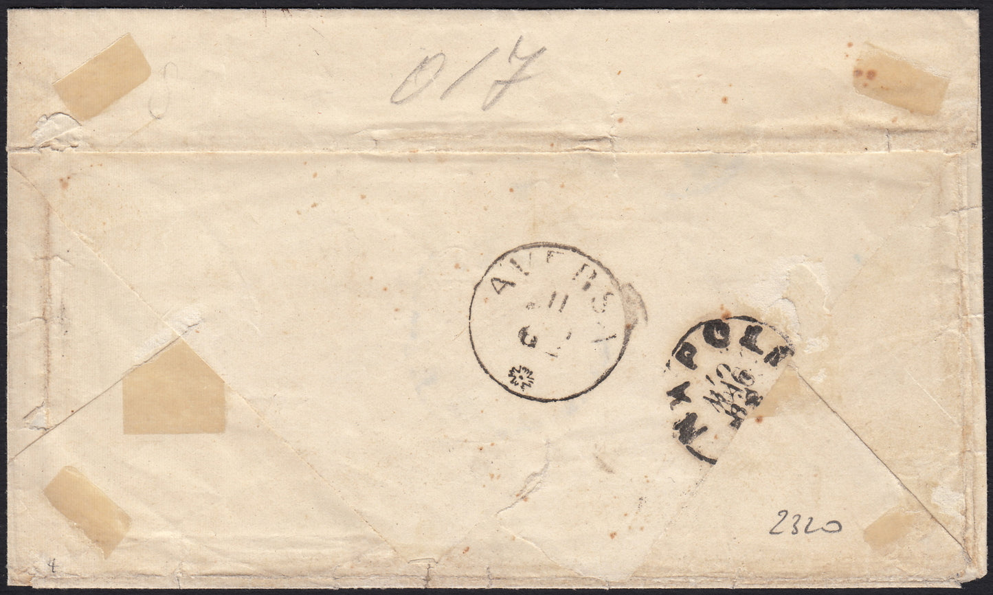 BO255_12 - 1862 - Lettera spedita da Tropea per Aversa 6/5/62 affrancata con gr. 2 azzurro striscia orizzontale di tre (20b)