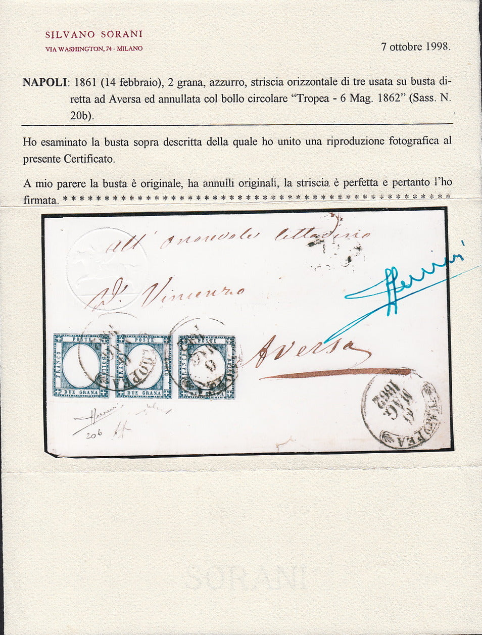 BO255_12 - 1862 - Lettera spedita da Tropea per Aversa 6/5/62 affrancata con gr. 2 azzurro striscia orizzontale di tre (20b)