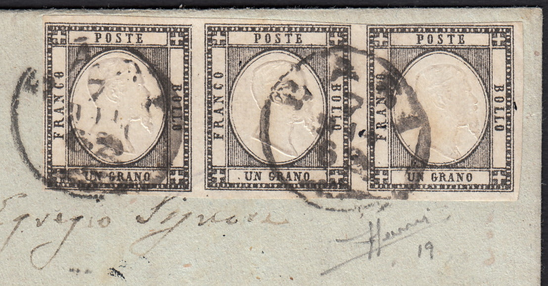 BO255_16 - 1862 - Lettera spedita da Bari per Trani 7/2/62 affrancata con gr. 1 nero striscia di 3 esemplari (19)