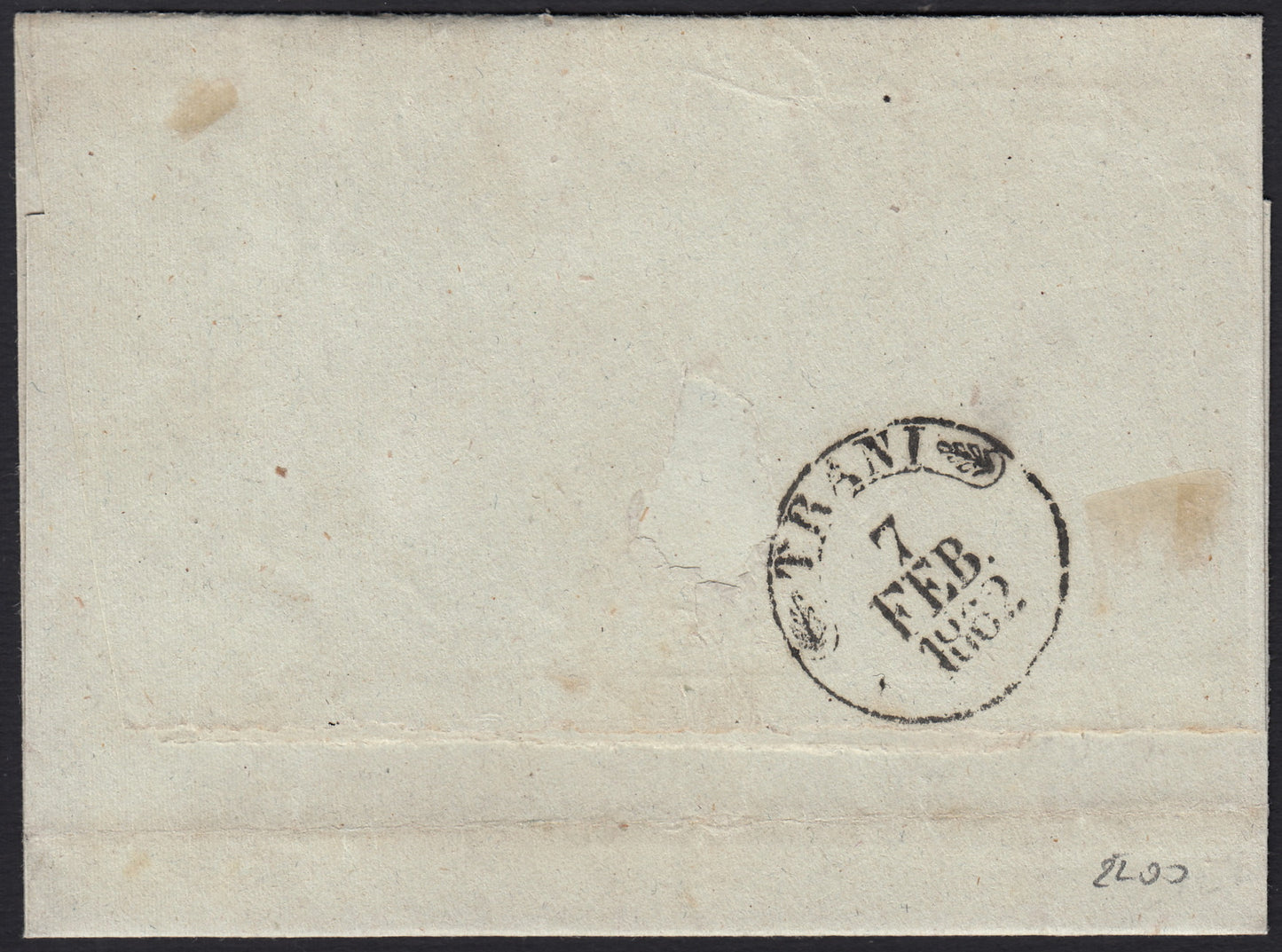 BO255_16 - 1862 - Lettera spedita da Bari per Trani 7/2/62 affrancata con gr. 1 nero striscia di 3 esemplari (19)