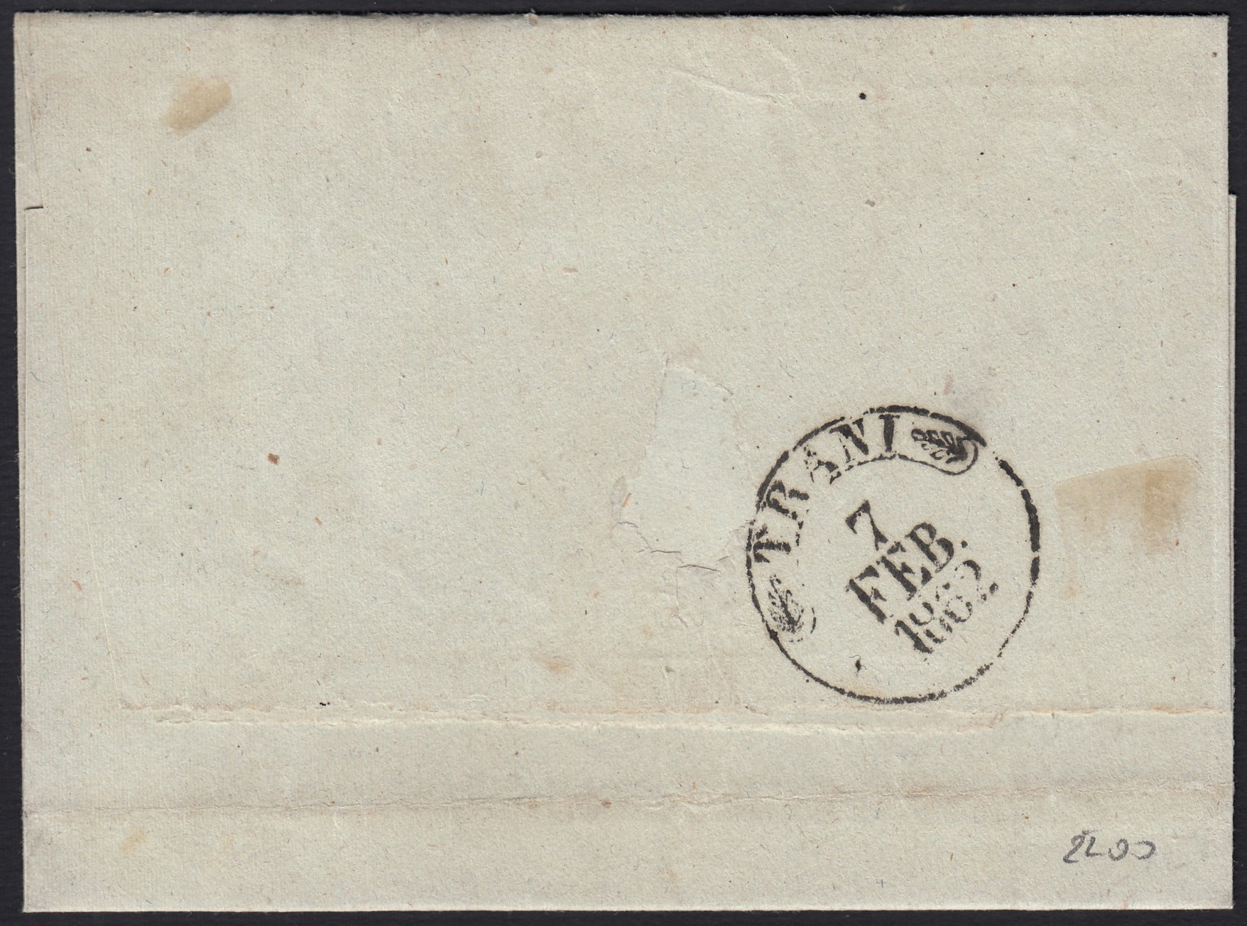 BO255_16 - 1862 - Lettera spedita da Bari per Trani 7/2/62 affrancata con gr. 1 nero striscia di 3 esemplari (19)