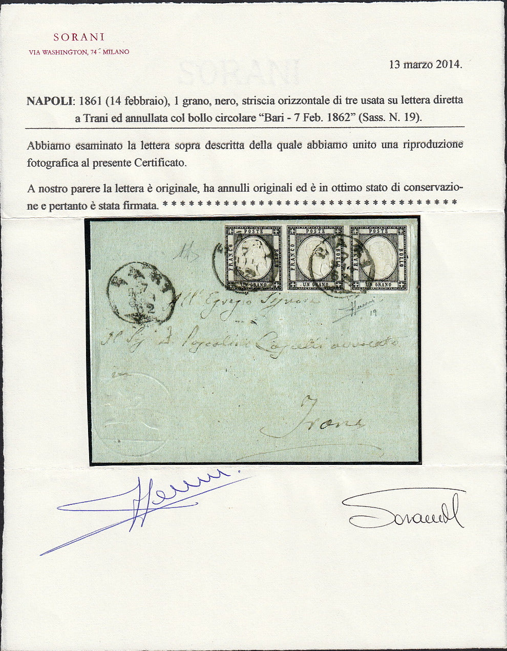 BO255_16 - 1862 - Lettera spedita da Bari per Trani 7/2/62 affrancata con gr. 1 nero striscia di 3 esemplari (19)