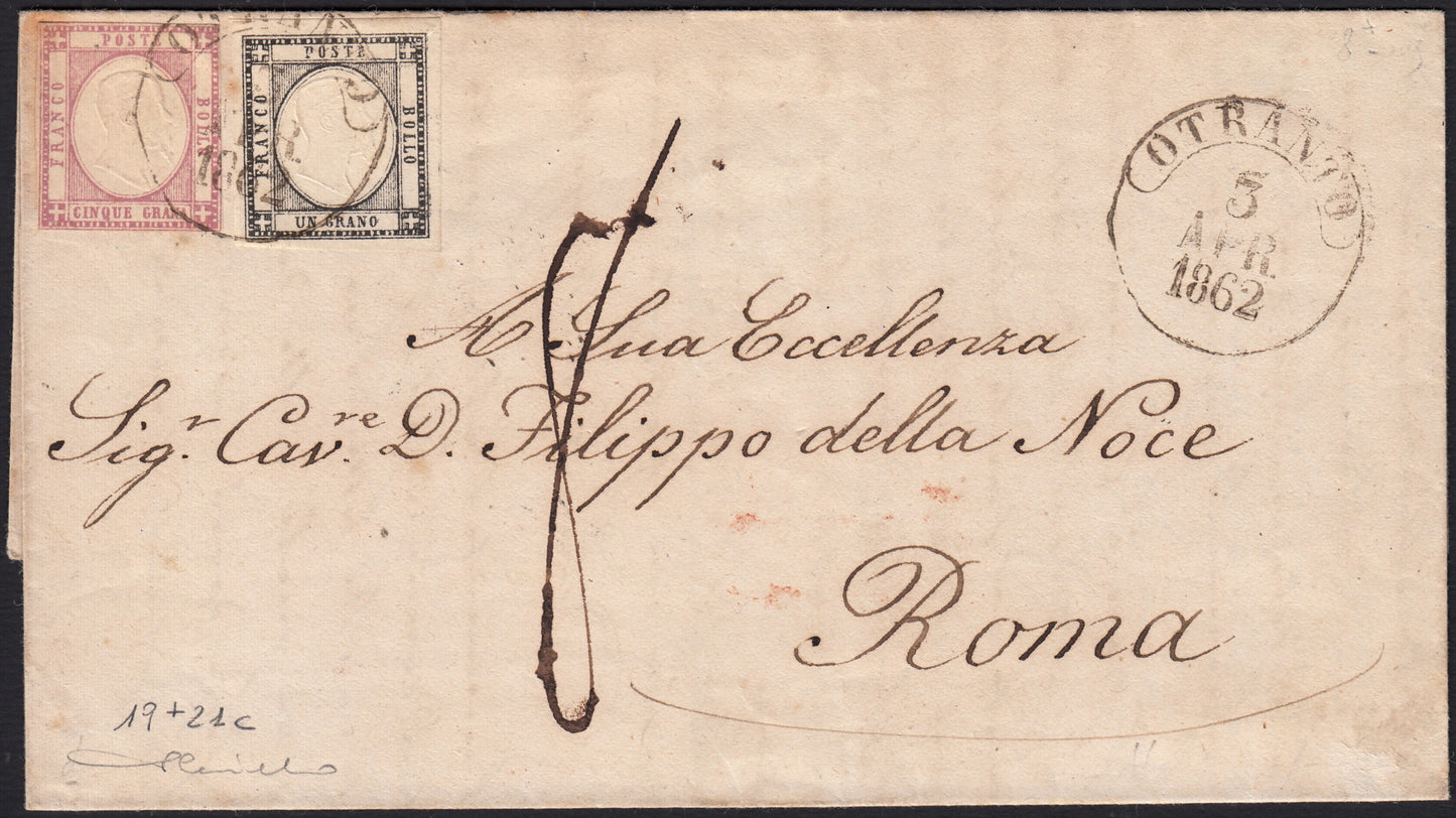 BO255_17 - 1862 - Lettera spedita da Otranto per Roma 5/4/62 affrancata con gr. 1 nero + gr. 5 lilla (19 + 21c)
