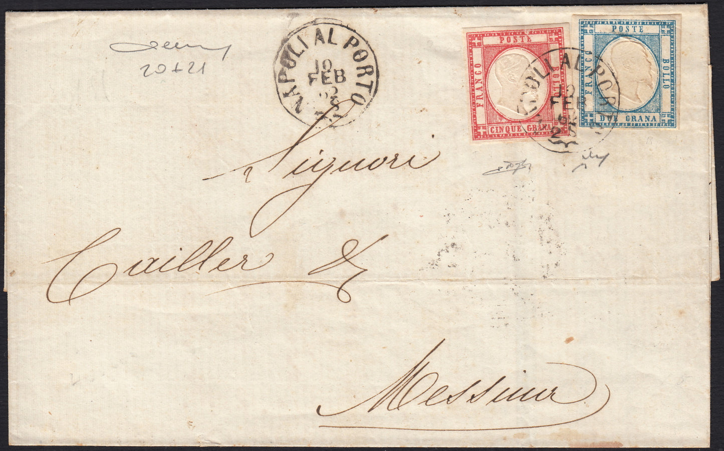 BO255_18 - 1862 - Lettera spedita da Napoli al Porto per Messina 10/2/62 affrancata con gr. 2 grana azzurro chiaro + gr. 5 rosso carminio (20 + 21)