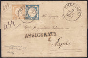 BO255_19 - 1861 - Lettera assicurata spedita da Mesagne per Napoli 2/10/61 affrancata con gr. 2 azzurro + gr. 10 bistro (20b + 22c)