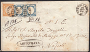 BO255_1 - 1862 - Lettera assicurata spedita da Castellaneta per Napoli 20/8/62 affrancata con 2 grana azzurro scuro + 10 grana arancio (20d + 22).