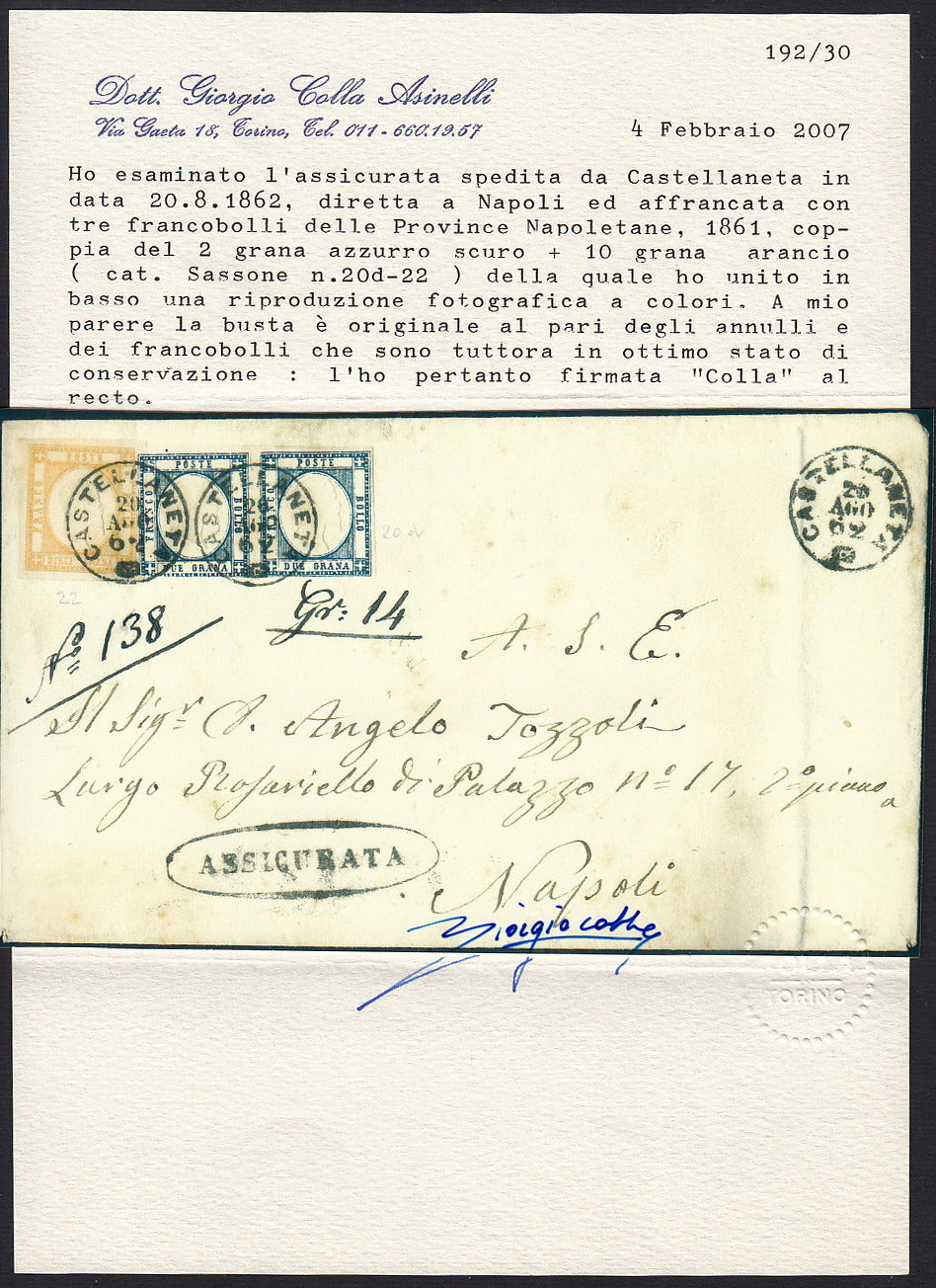 BO255_1 - 1862 - Lettera assicurata spedita da Castellaneta per Napoli 20/8/62 affrancata con 2 grana azzurro scuro + 10 grana arancio (20d + 22).