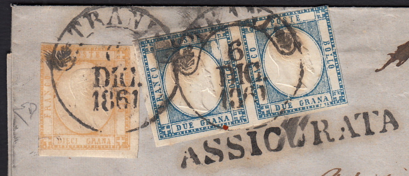 BO255_20 - 1861 - Lettera assicurata spedita da Trani per Lecce 6/12/61 affrancata con gr. 2 azzurro coppia + gr. 10 bistro (20b + 22)