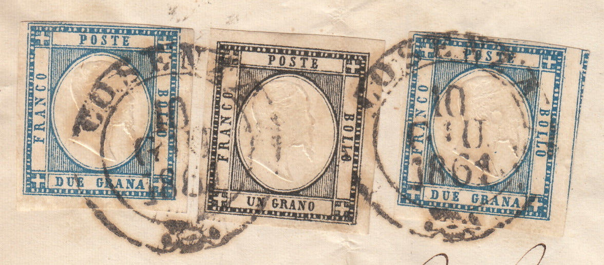 BO255_24 - 1861 - Lettera spedita da Cosenza per Catanzaro 10/6/61 affrancata con 1 grano nero + 2 grana azzurro chiaro x 2 (19 + 20k).