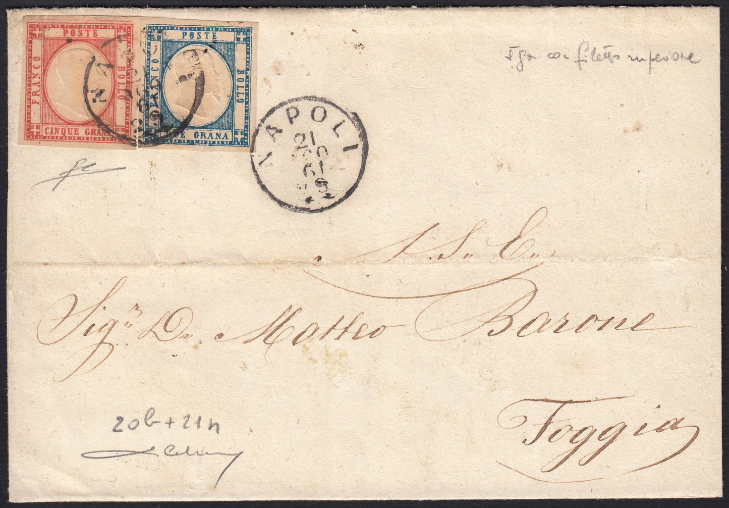 BO255_25 - 1861 - Lettera spedita da Napoli per Foggia 21/8/61 affrancata con gr. 2 azzurro + gr. 5 carminio con linea di riquadro superiore (20b + 21n)
