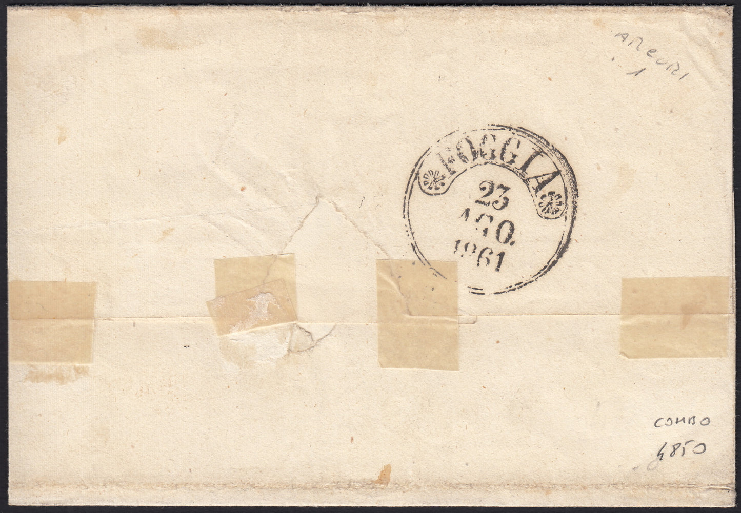 BO255_25 - 1861 - Lettera spedita da Napoli per Foggia 21/8/61 affrancata con gr. 2 azzurro + gr. 5 carminio con linea di riquadro superiore (20b + 21n)