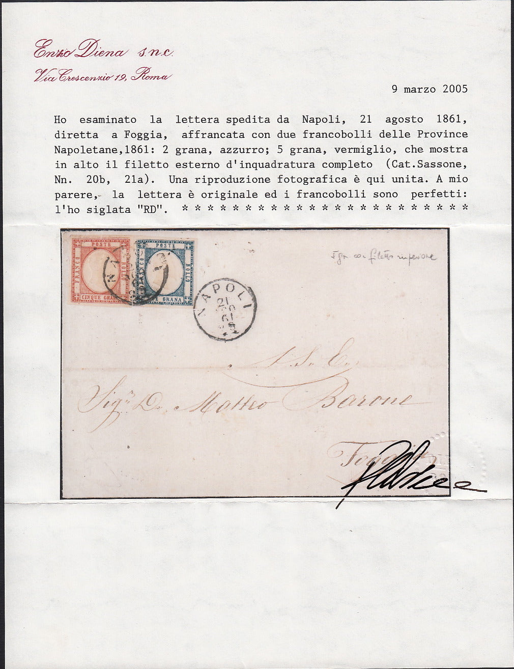 BO255_25 - 1861 - Lettera spedita da Napoli per Foggia 21/8/61 affrancata con gr. 2 azzurro + gr. 5 carminio con linea di riquadro superiore (20b + 21n)