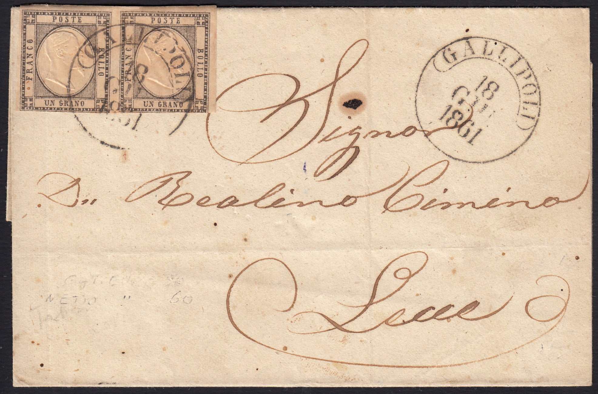 1861 - 1 black grain, copy with triple effigy, new with original rubber (19 AD). Cardillo certificate.