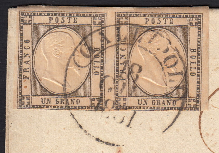 BO255_27 - 1861 - Lettera spedita da Gallipoli per Lecce 18/6/61 affrancata con gr. 1 grigio nero coppia orizzontale (19a)