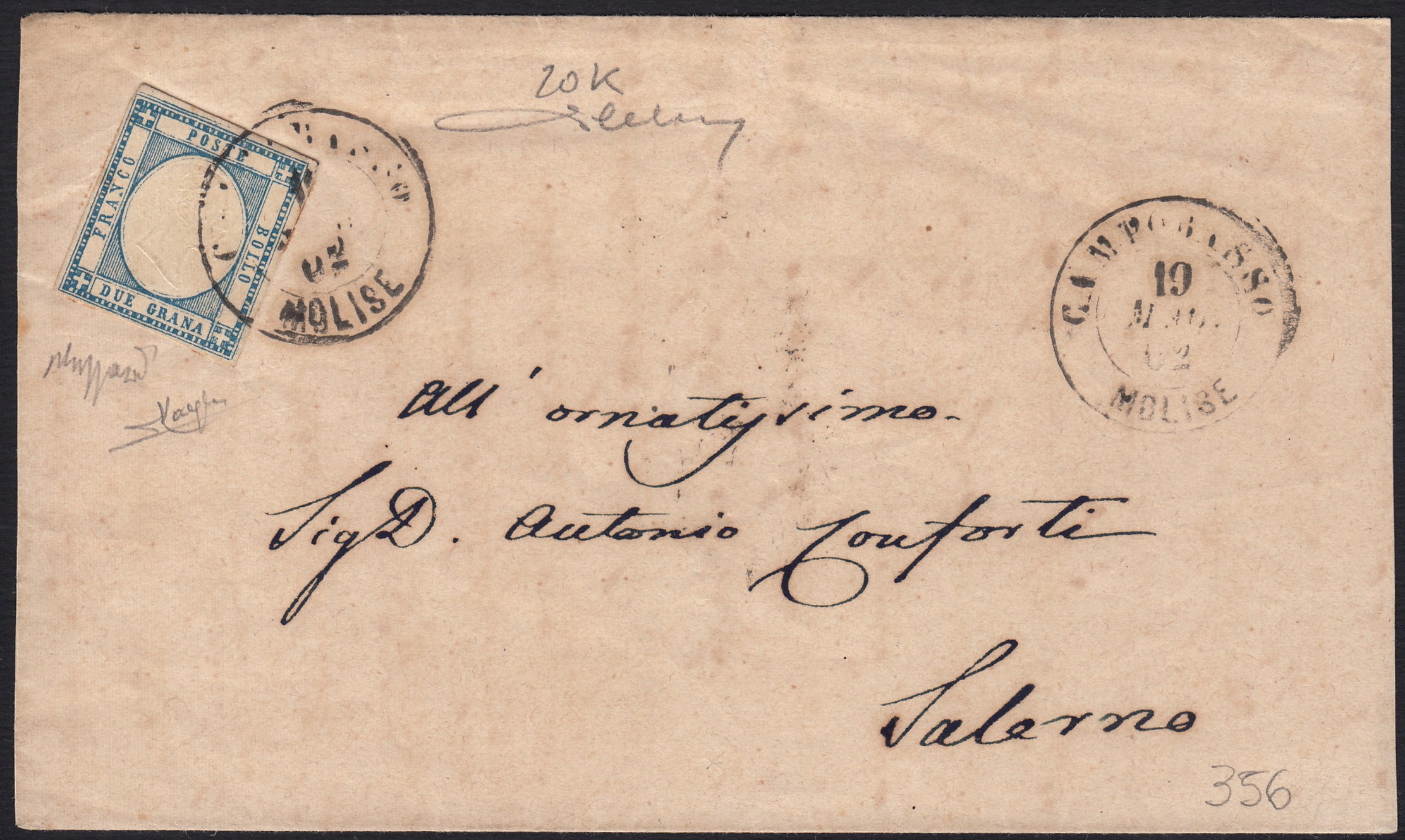 BO255_30 - 1862 - Lettera spedita da Campobasso per Salerno 10/5/62 affrancata con gr. 2 azzurro con line adi riquadro superiore (20k)