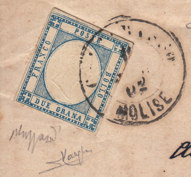 BO255_30 - 1862 - Lettera spedita da Campobasso per Salerno 10/5/62 affrancata con gr. 2 azzurro con line adi riquadro superiore (20k)