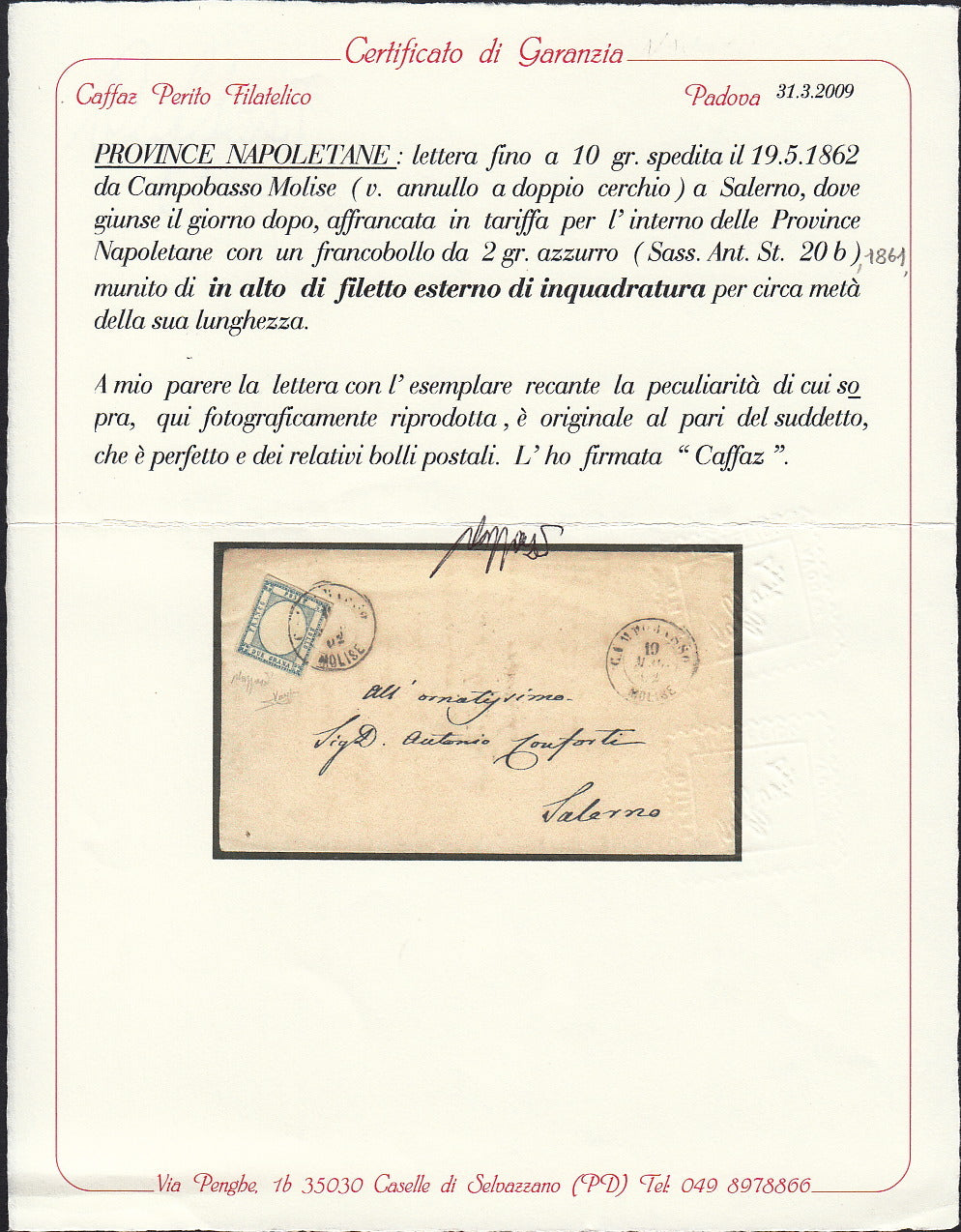 BO255_30 - 1862 - Lettera spedita da Campobasso per Salerno 10/5/62 affrancata con gr. 2 azzurro con line adi riquadro superiore (20k)