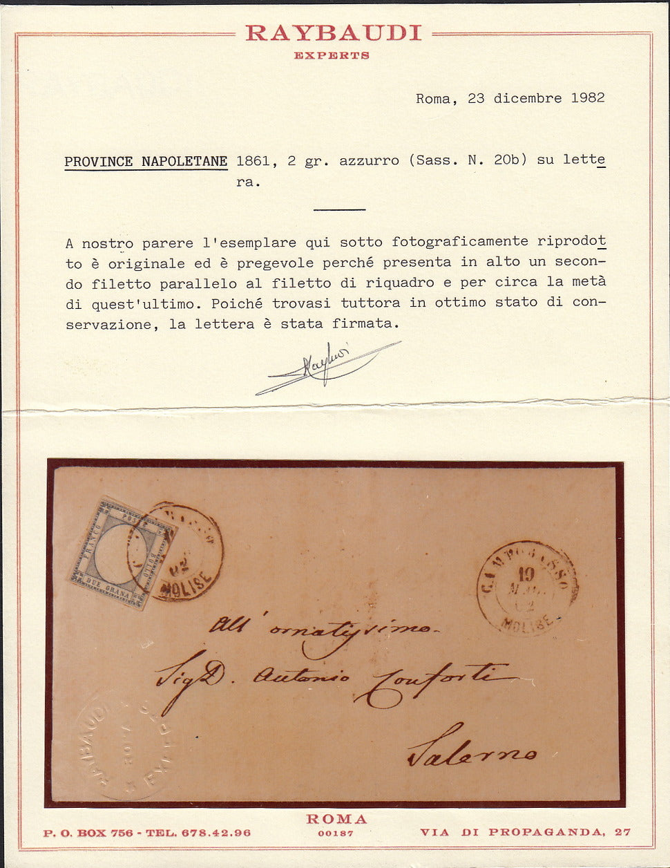 BO255_30 - 1862 - Lettera spedita da Campobasso per Salerno 10/5/62 affrancata con gr. 2 azzurro con line adi riquadro superiore (20k)
