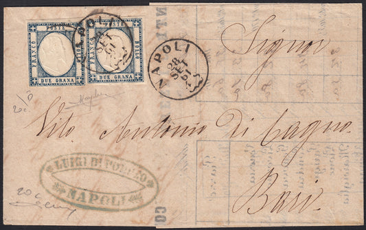 BO255_34 - 1861 - Lettera spedita da Napoli per Bari 28/9/61 affrancata con gr. 2 azzurro ardesia due esemplari (20c)