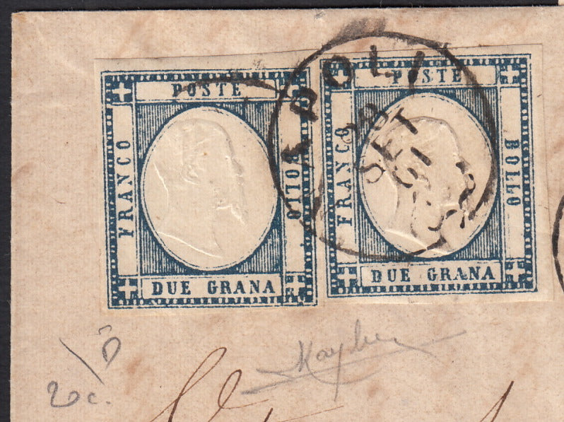 BO255_34 - 1861 - Lettera spedita da Napoli per Bari 28/9/61 affrancata con gr. 2 azzurro ardesia due esemplari (20c)